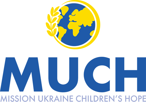 Mission Ukraine Children's Hope Logo - Blue Sans-serif type with blue and yellow globe above